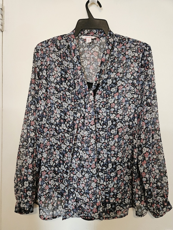 Joe Fresh Tops - Joe Fresh Navy Floral Tie-Neck Blouse